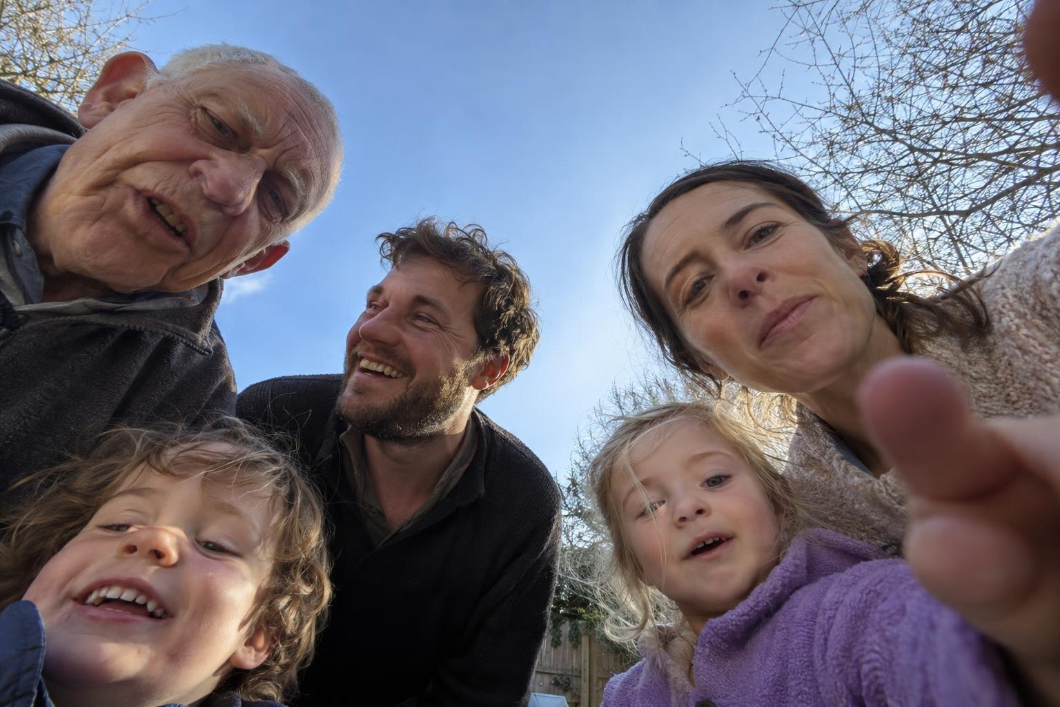 A family leaning into a low-angle phone photo under a bright sky.