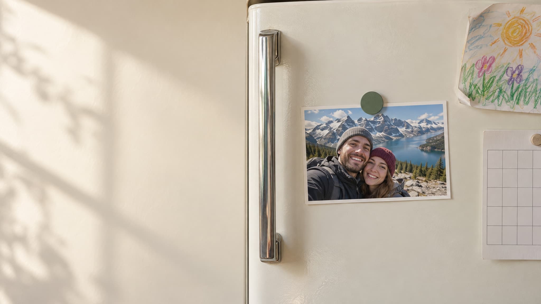 A printed photo of a couple on a mountain ridge held to a cream fridge door by a green magnet, beside a child's crayon drawing and a blank calendar.