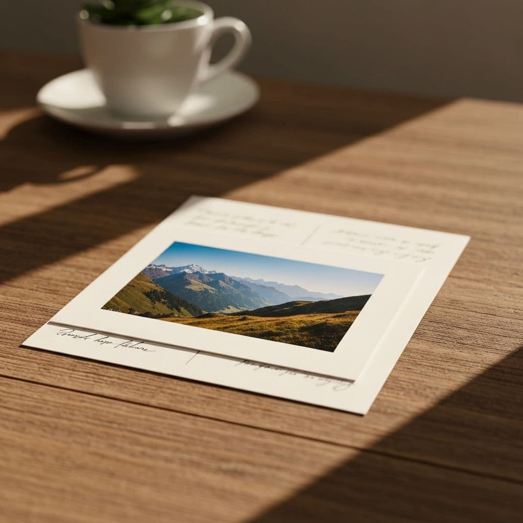 A Postie postcard on a wooden table, showing a printed photograph of a mountain valley with a handwritten note beside it.
